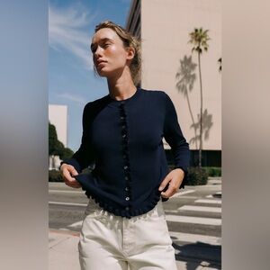 Zara Navy Button-Up Cardigan with ruffle details.